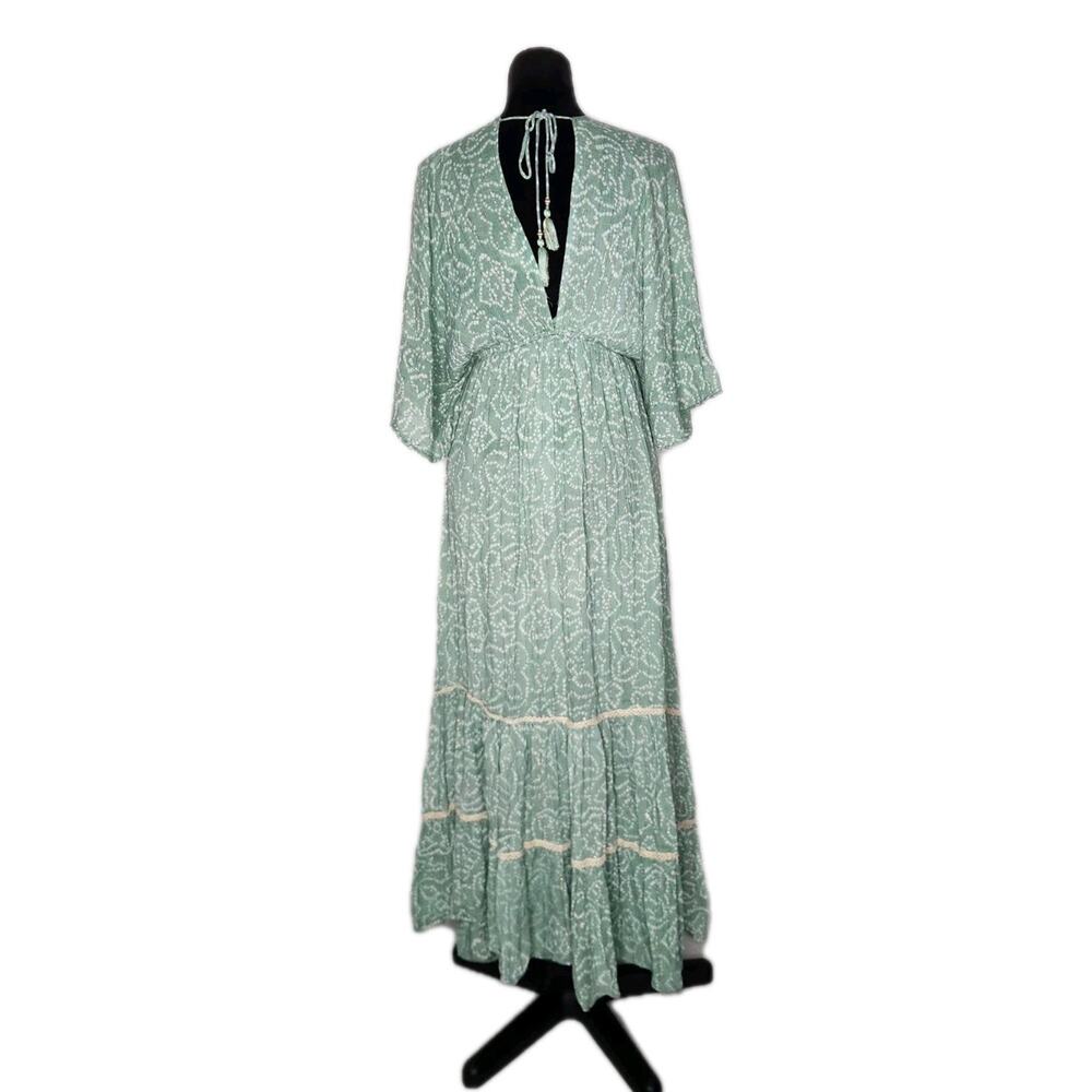 Zury Boho Maxi Dress Sage Green Gold Sequin Embroidered Tassel Tiered OS - Picture 3 of 8